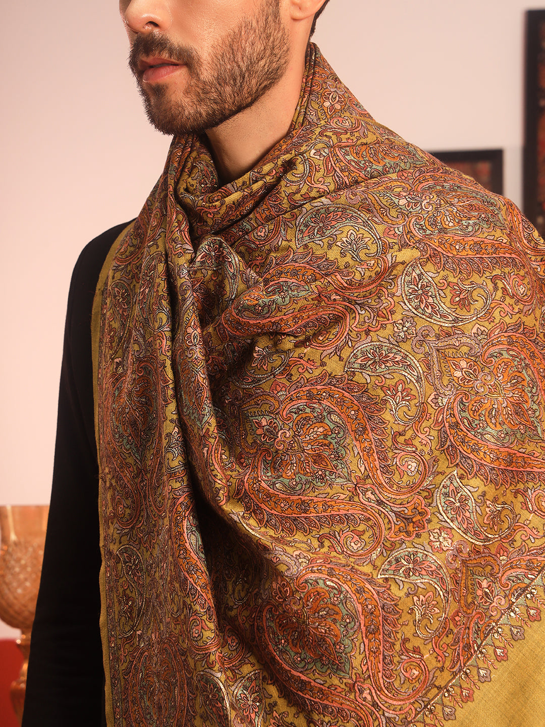 Pashmoda Men Rehnan 100% Pure Wool Sozni Hand Embroidered Shawl (Size: 101x203 Cm)