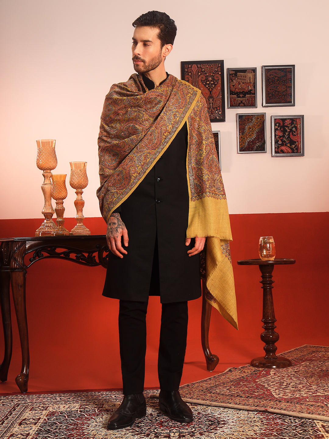 Pashmoda Men Rehnan 100% Pure Wool Sozni Hand Embroidered Shawl (Size: 101x203 Cm)
