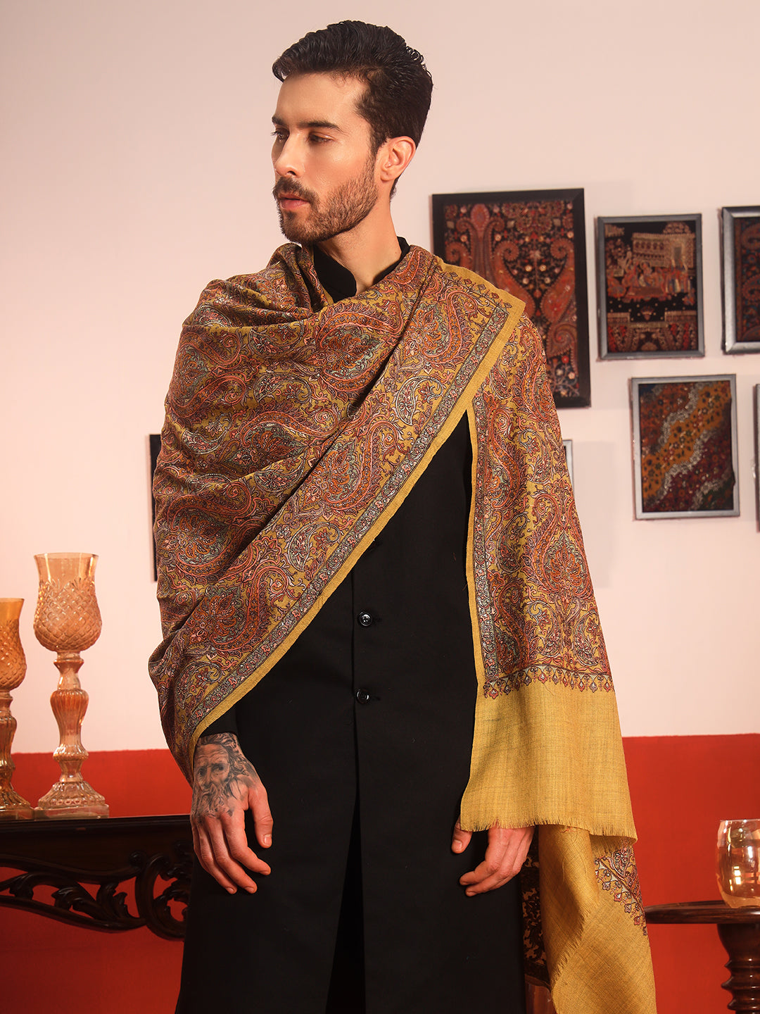 Pashmoda Men Rehnan 100% Pure Wool Sozni Hand Embroidered Shawl (Size: 101x203 Cm)