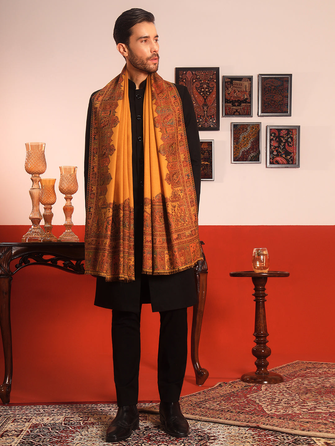 Pashmoda Men Arcadia Borders Kashmiri Jamawar Woven Shawl (Size: 101X203 CM)