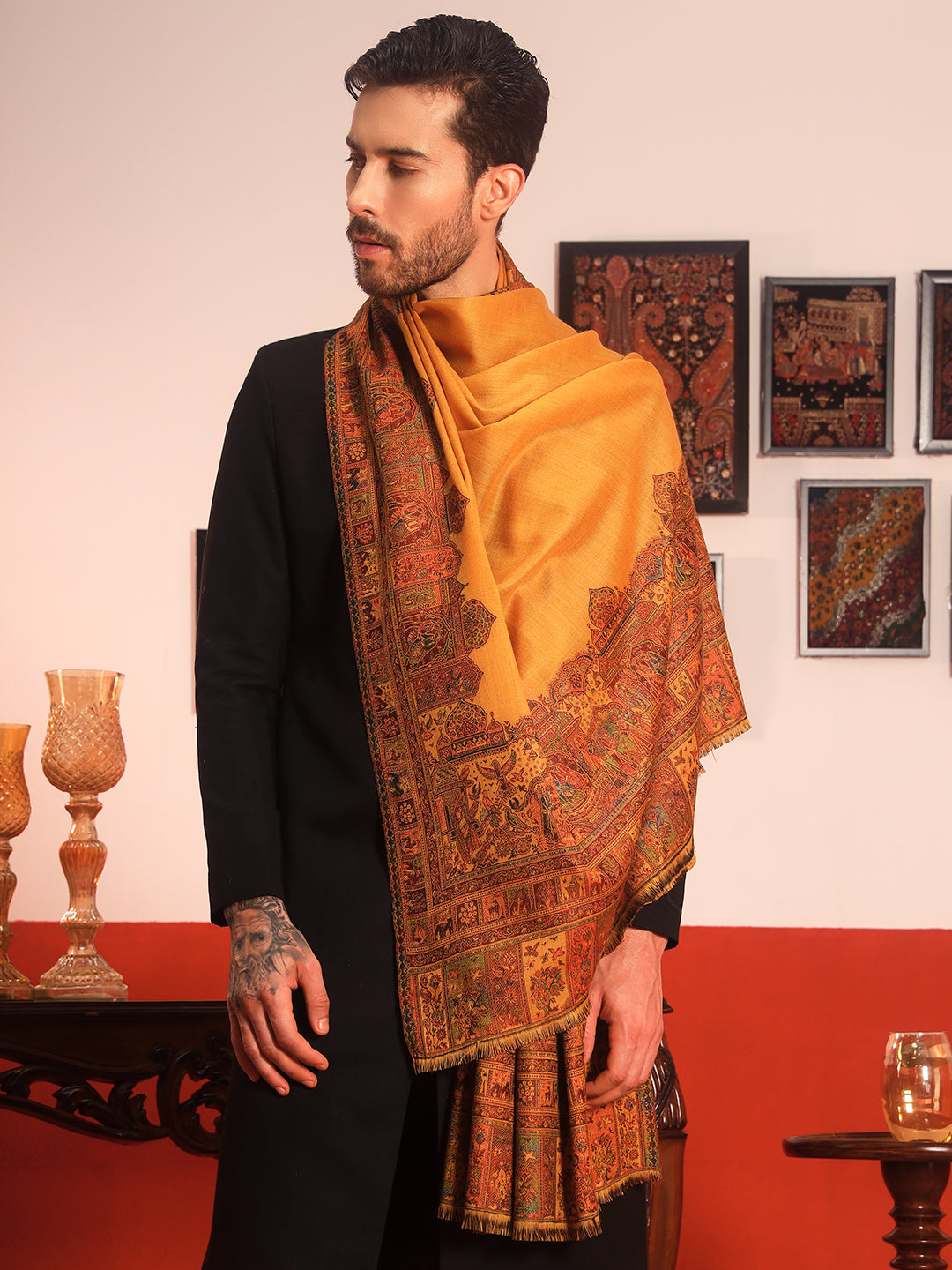 Pashmoda Men Arcadia Borders Kashmiri Jamawar Woven Shawl (Size: 101X203 CM)