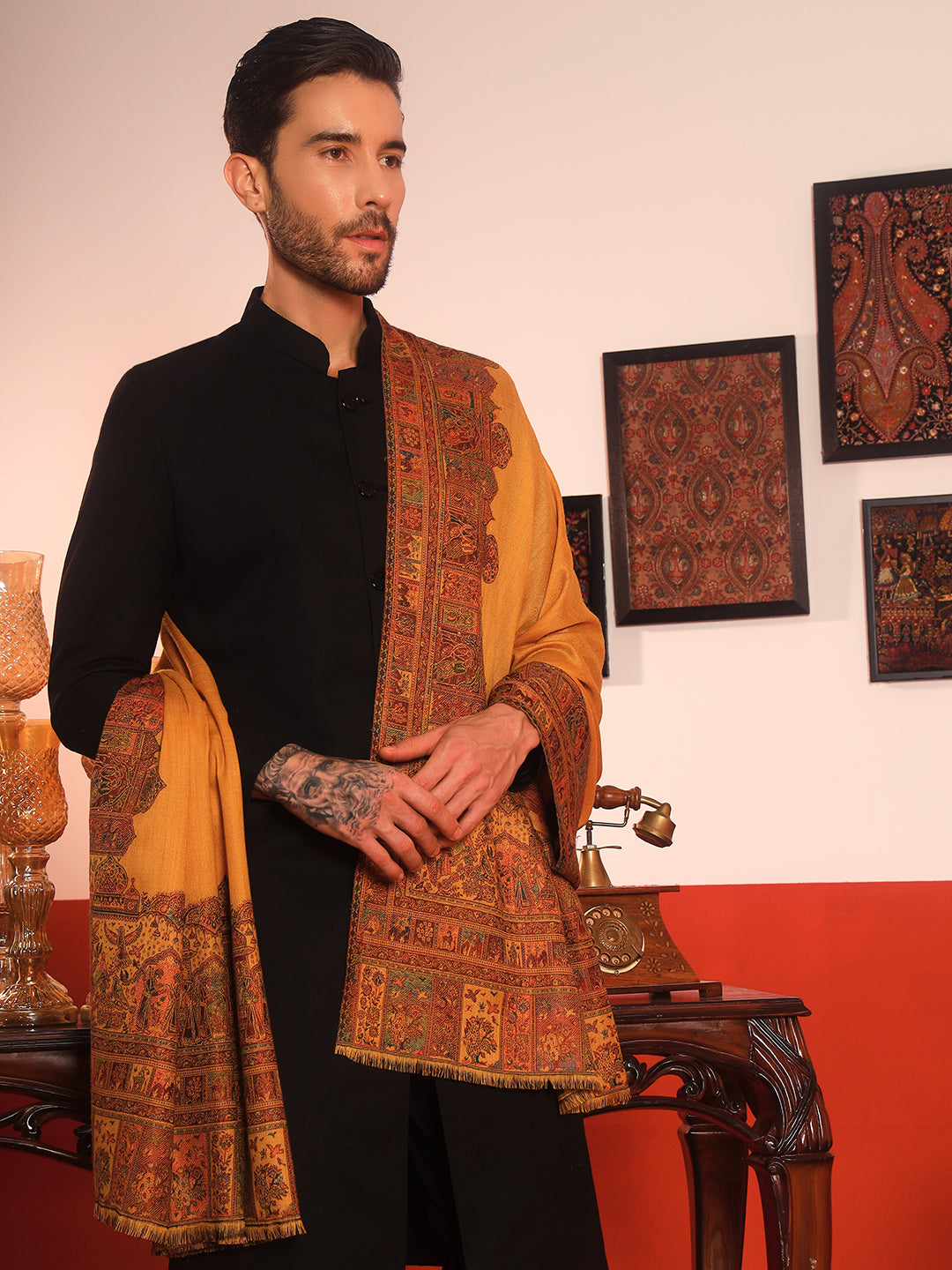 Pashmoda Men Arcadia Borders Kashmiri Jamawar Woven Shawl (Size: 101X203 CM)