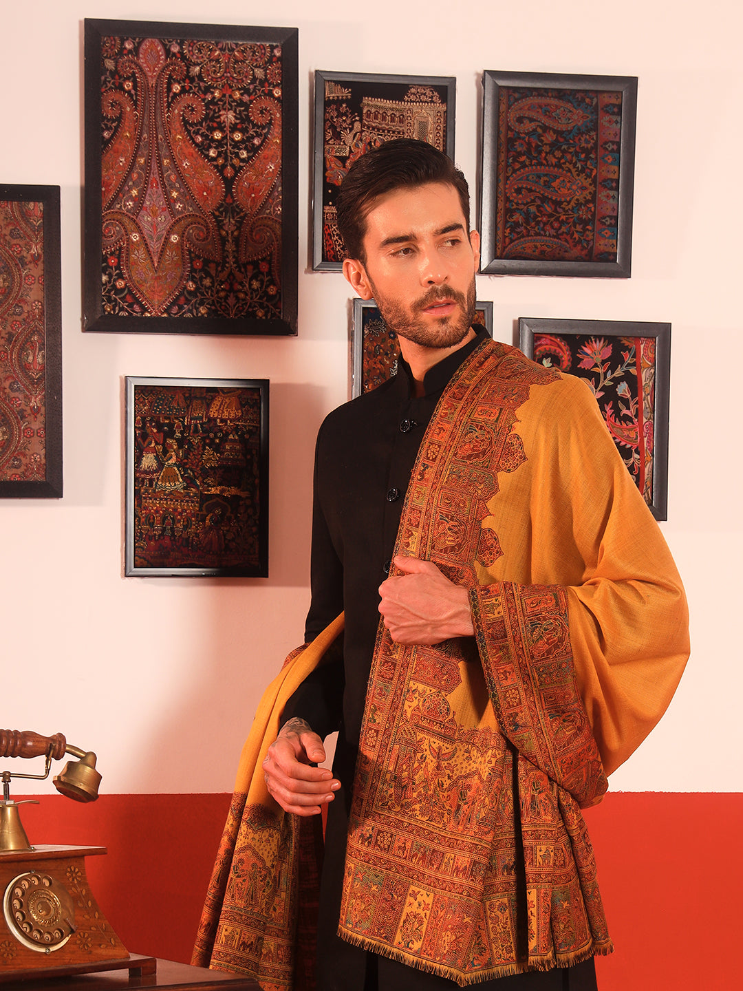 Pashmoda Men Arcadia Borders Kashmiri Jamawar Woven Shawl (Size: 101X203 CM)