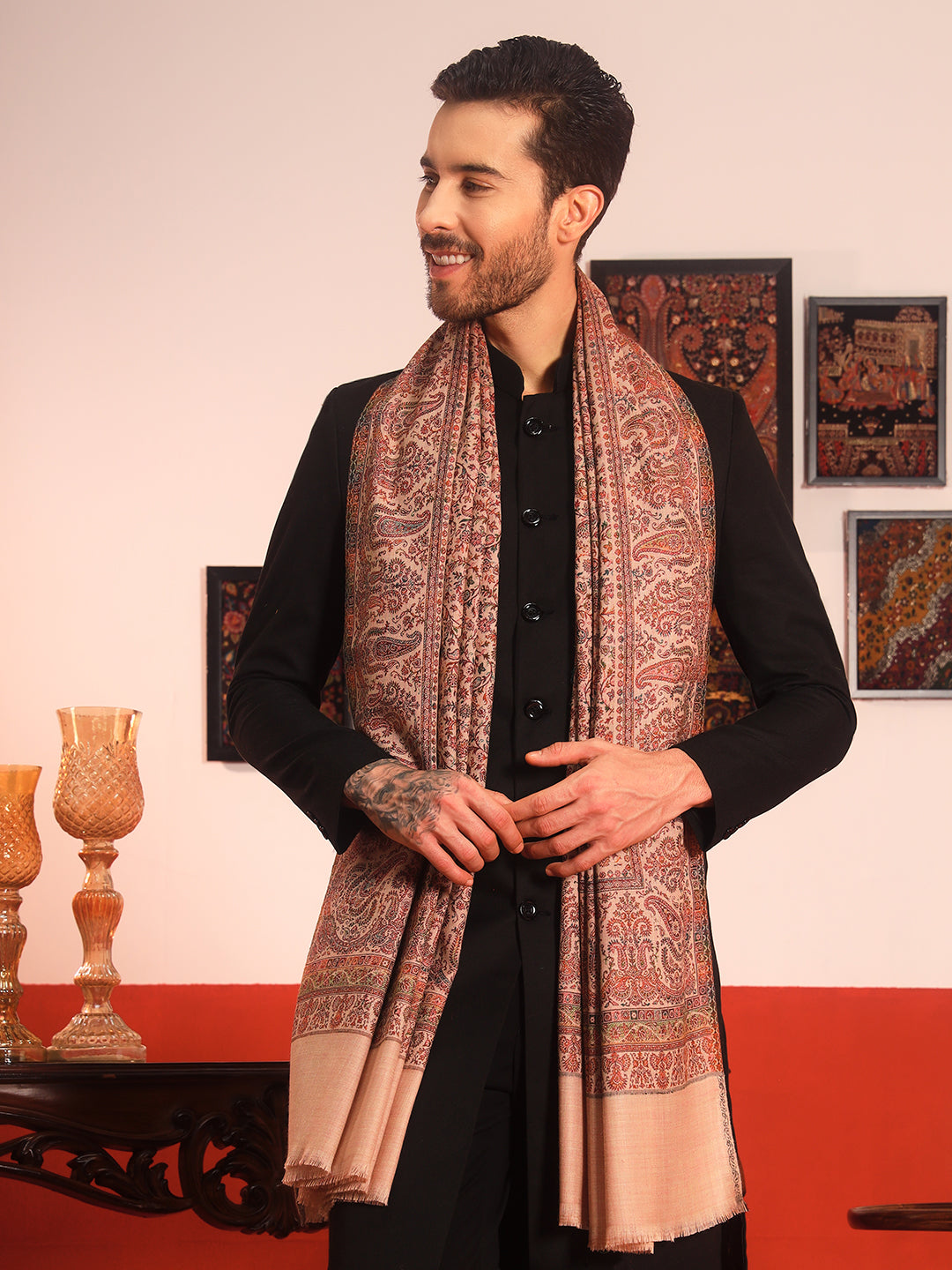 Pashmoda Men Jalwaa Kashmiri Jamawar Woven Shawl (Size: 101X203 CM)