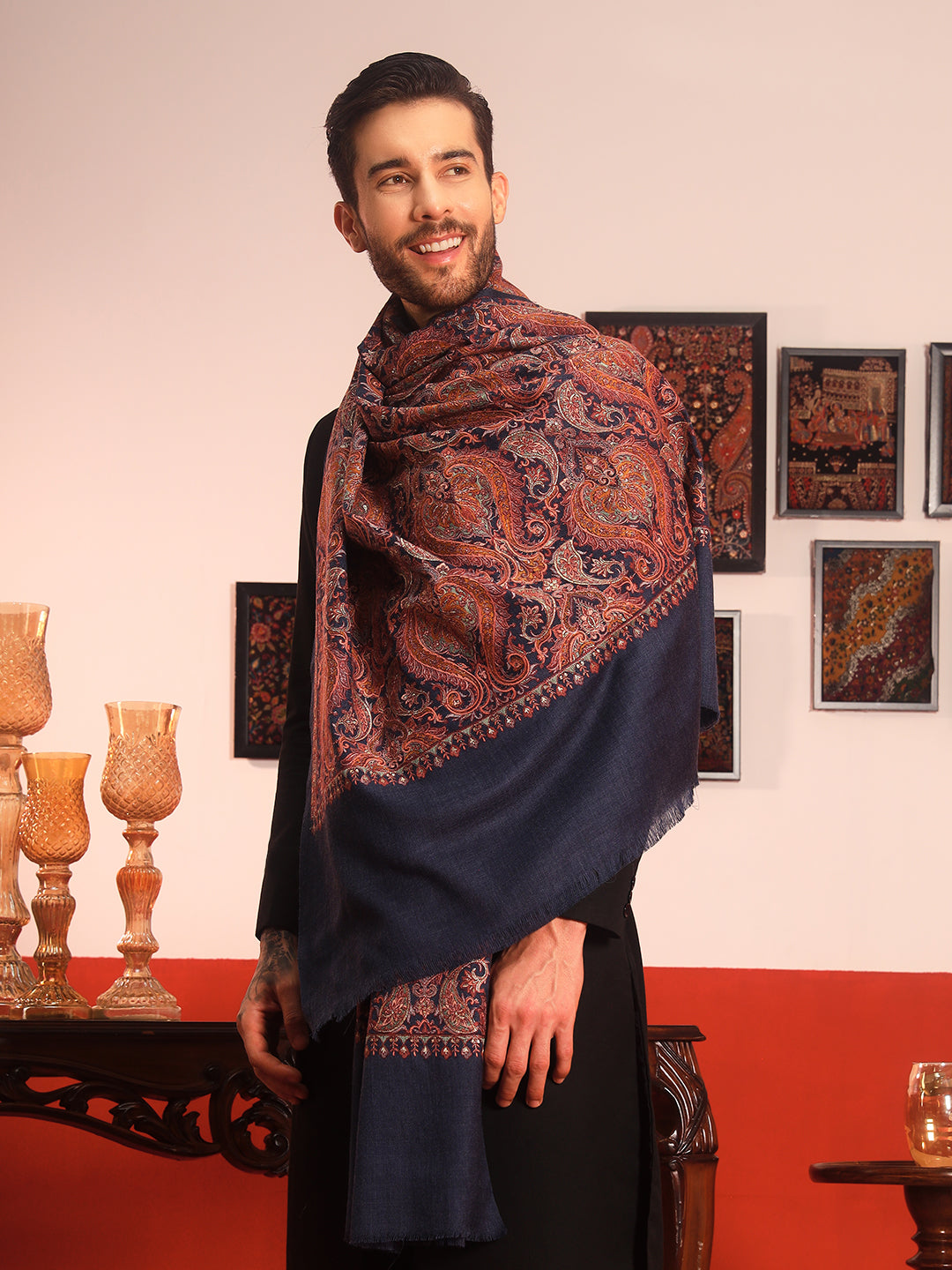 Pashmoda Men Rehnan 100% Pure Wool Sozni Hand Embroidered Shawl (Size: 101x203 Cm)