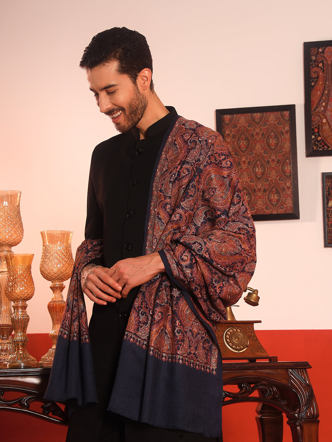 Pashmoda Men Rehnan 100% Pure Wool Sozni Hand Embroidered Shawl (Size: 101x203 Cm)