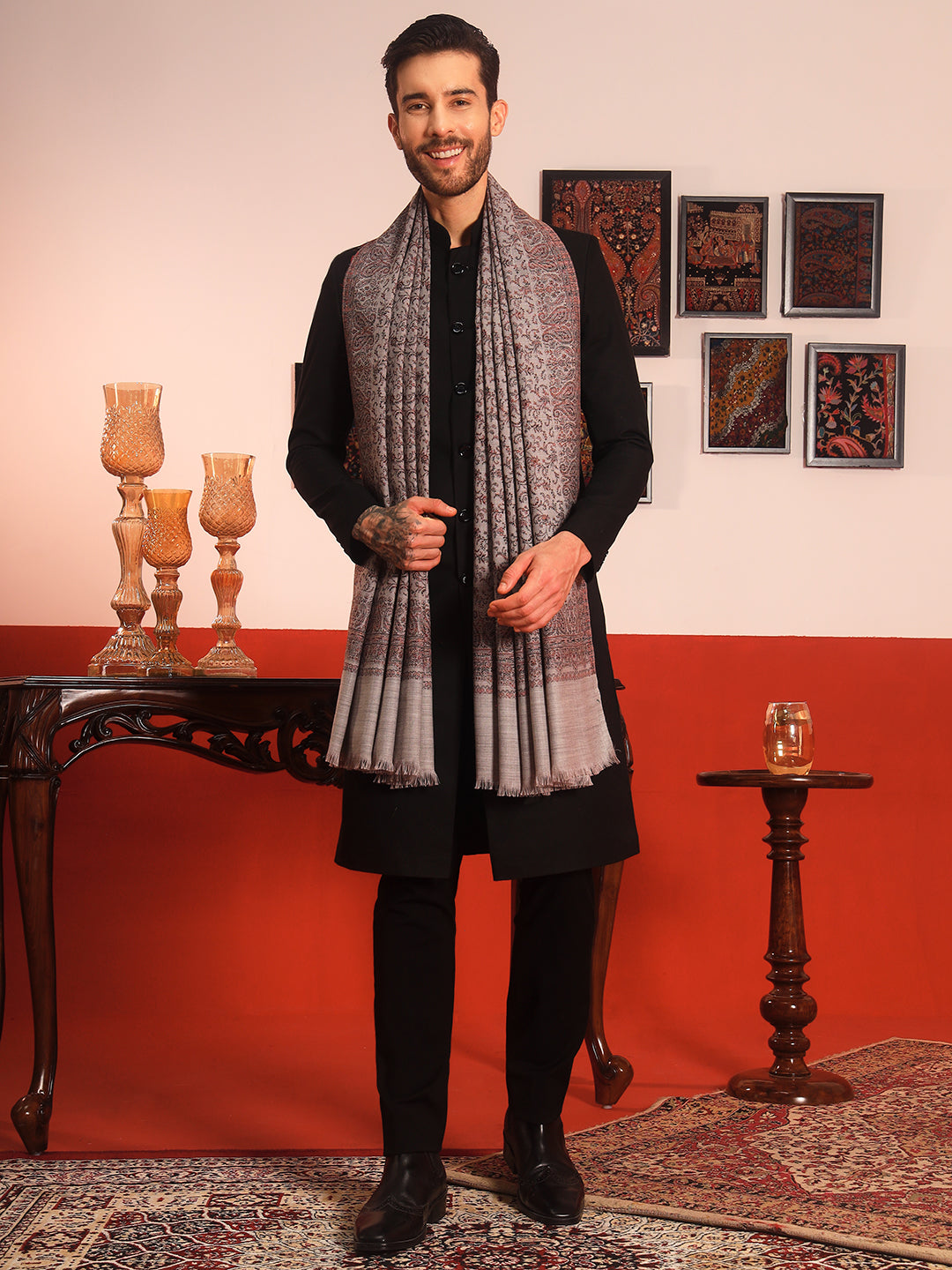 Pashmoda Men Meher Jaal Kashmiri Jamawar Woven Shawl (Size: 101X203 CM)