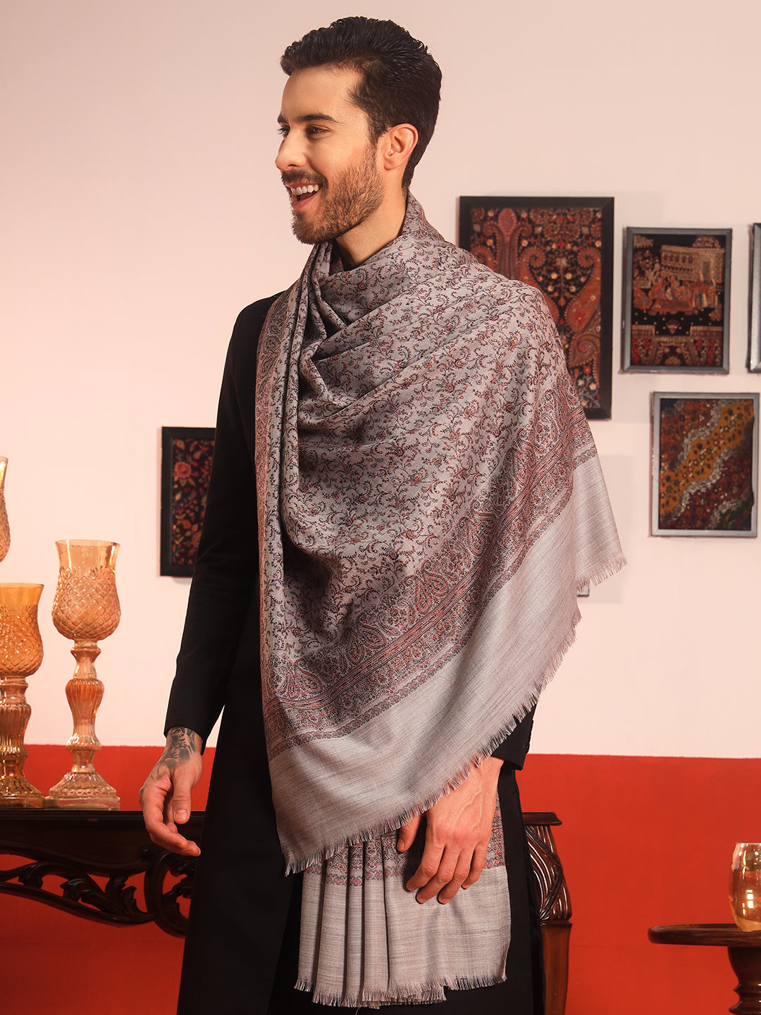 Pashmoda Men Meher Jaal Kashmiri Jamawar Woven Shawl (Size: 101X203 CM)