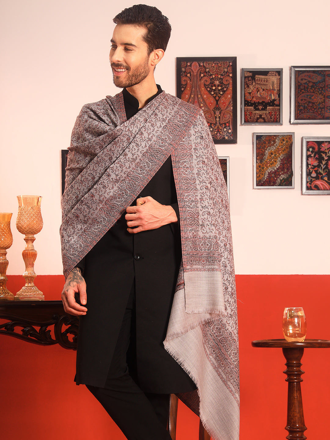 Pashmoda Men Meher Jaal Kashmiri Jamawar Woven Shawl (Size: 101X203 CM)