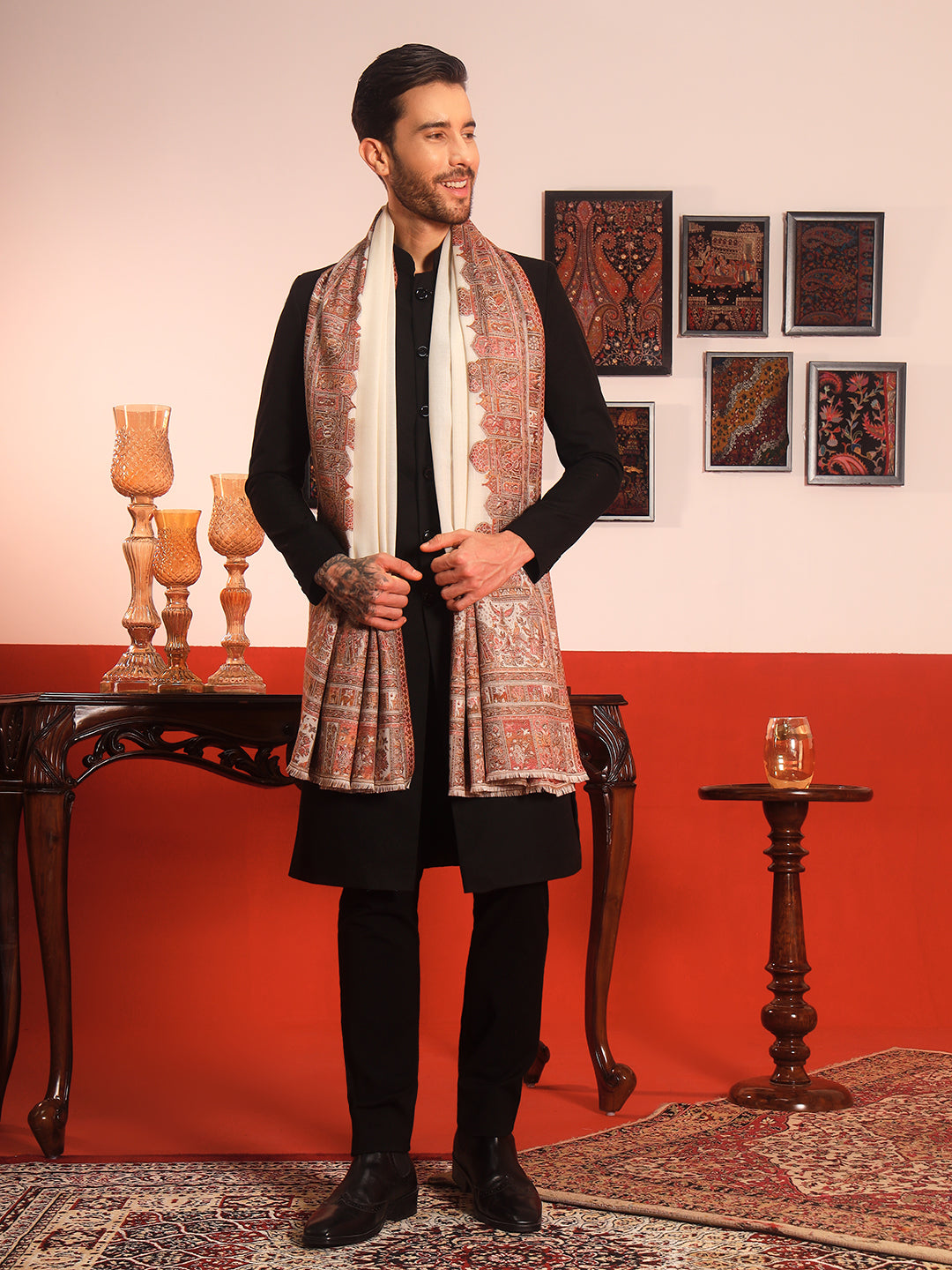 Pashmoda Men Arcadia Borders Kashmiri Jamawar Woven Shawl (Size: 101X203 CM)