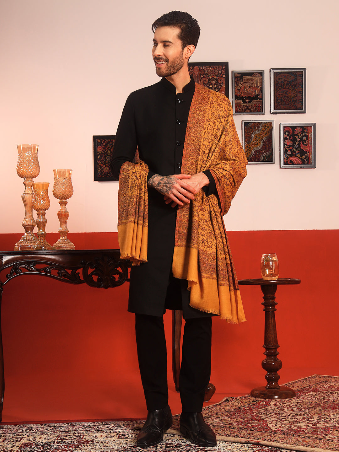 Pashmoda Men Meher Jaal Kashmiri Jamawar Woven Shawl (Size: 101X203 CM)