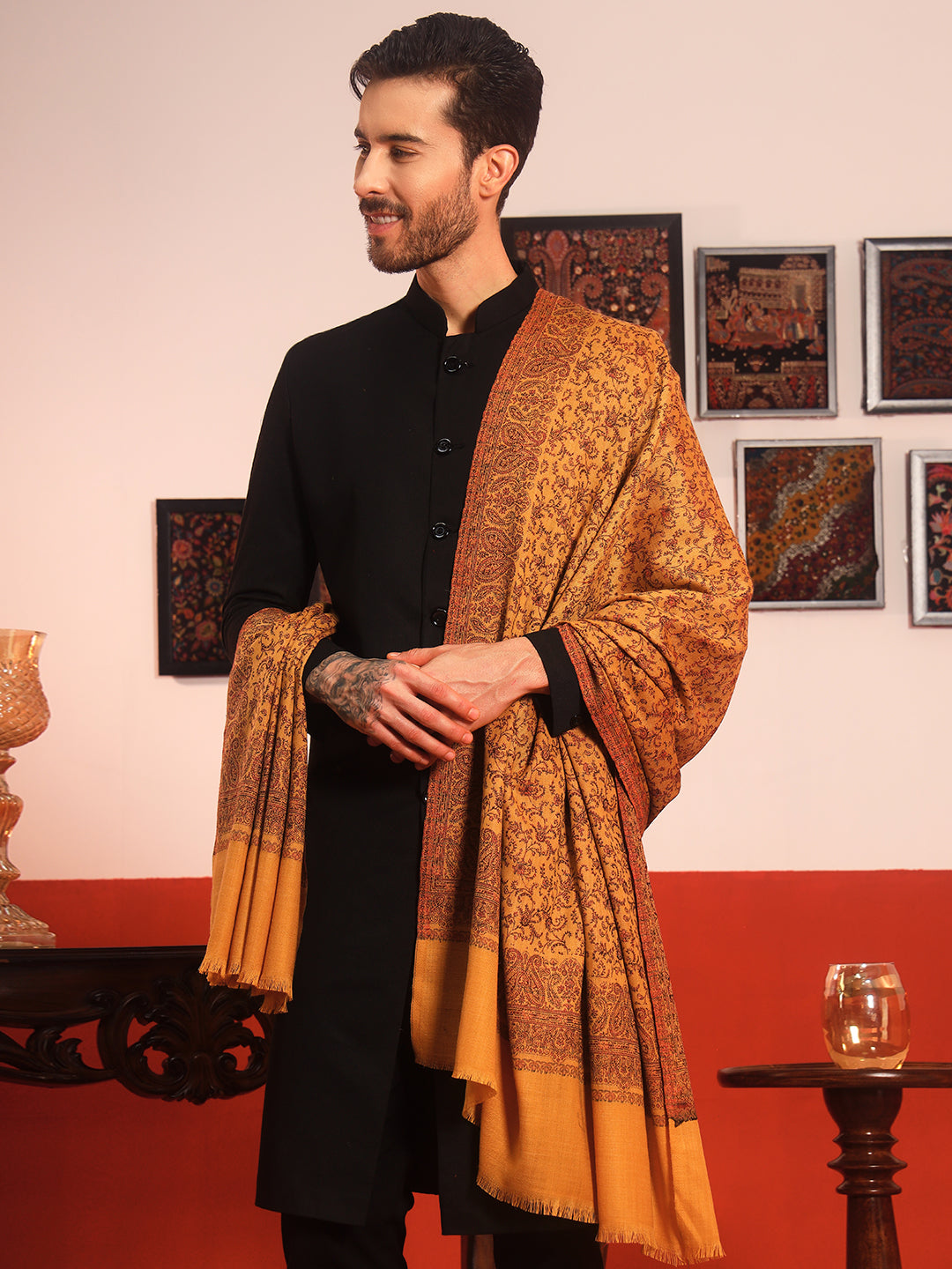 Pashmoda Men Meher Jaal Kashmiri Jamawar Woven Shawl (Size: 101X203 CM)