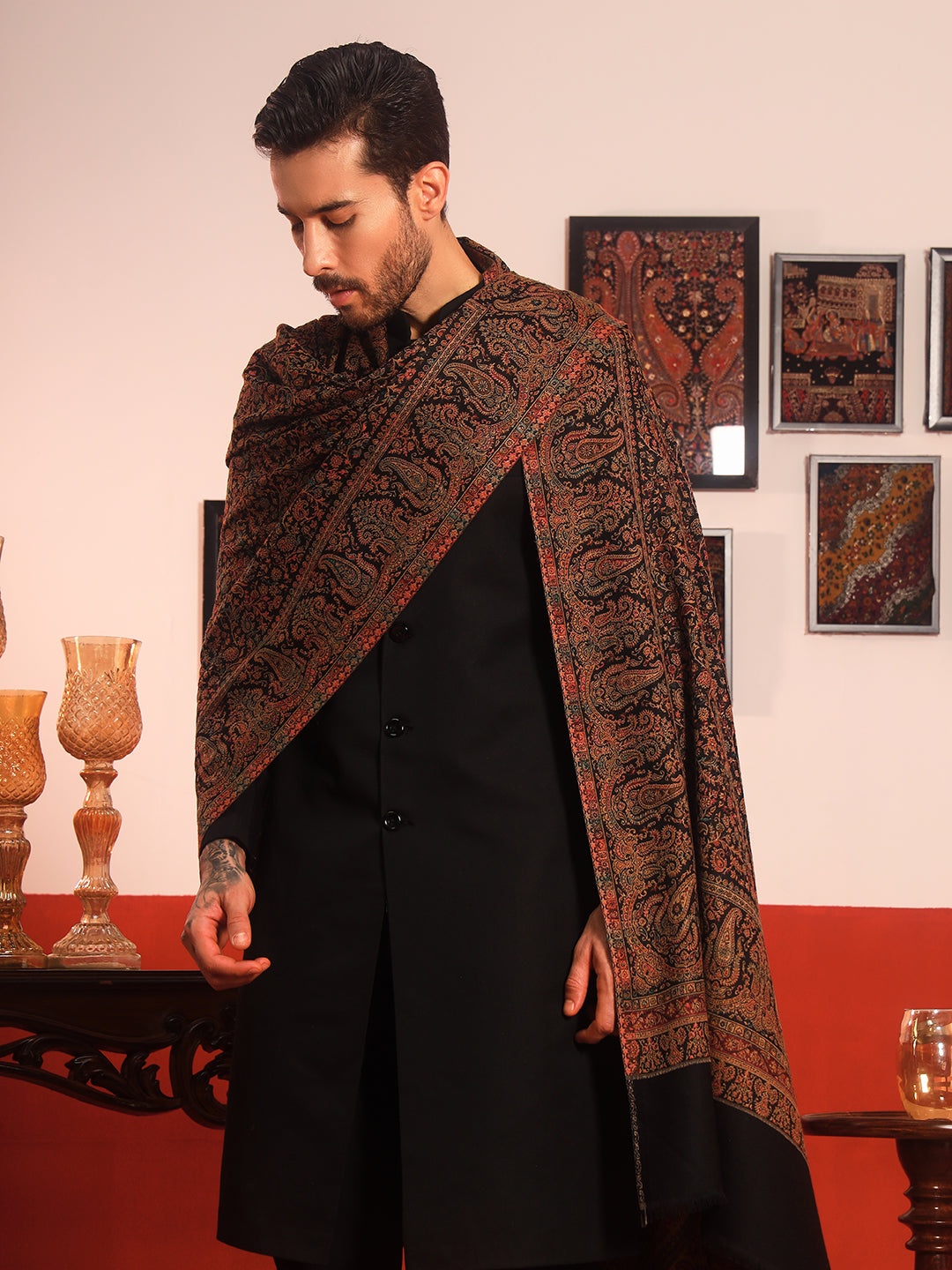 Pashmoda Men Jalwaa Kashmiri Jamawar Woven Shawl (Size: 101X203 CM)