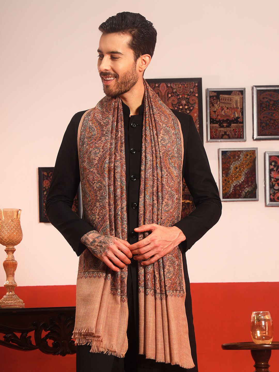 Pashmoda Men Rehnan 100% Pure Wool Sozni Hand Embroidered Shawl (Size: 101x203 Cm)