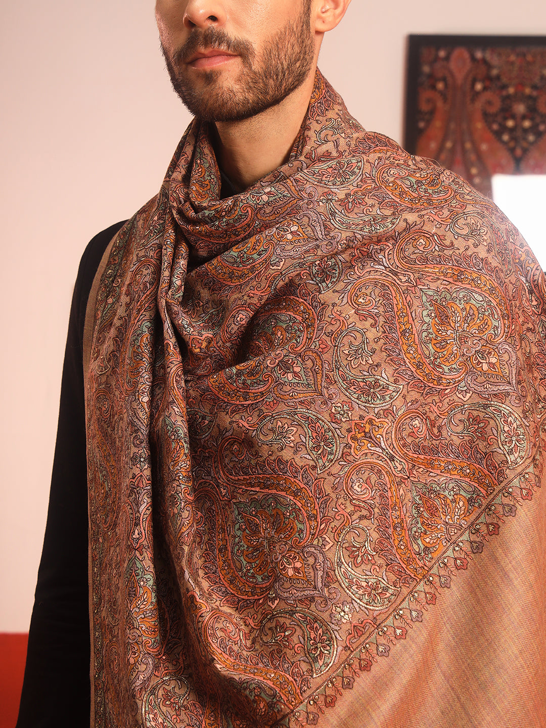 Pashmoda Men Rehnan 100% Pure Wool Sozni Hand Embroidered Shawl (Size: 101x203 Cm)