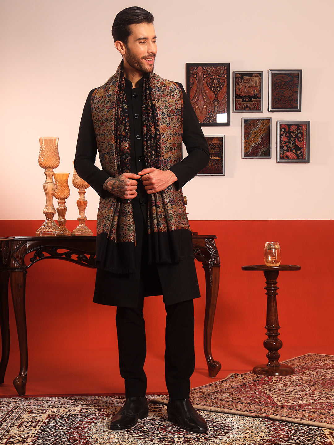 Pashmoda Men Meher Kaani Wool Blend Kashmiri Shawl (Size: 101X203 CM)