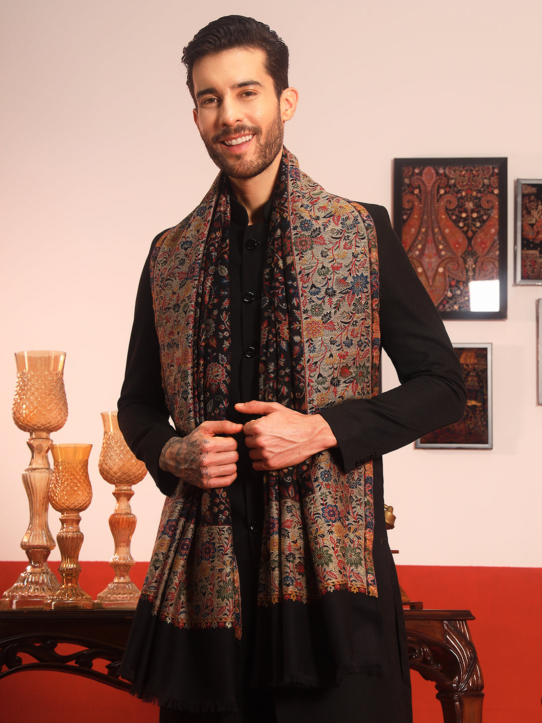 Pashmoda Men Meher Kaani Wool Blend Kashmiri Shawl (Size: 101X203 CM)