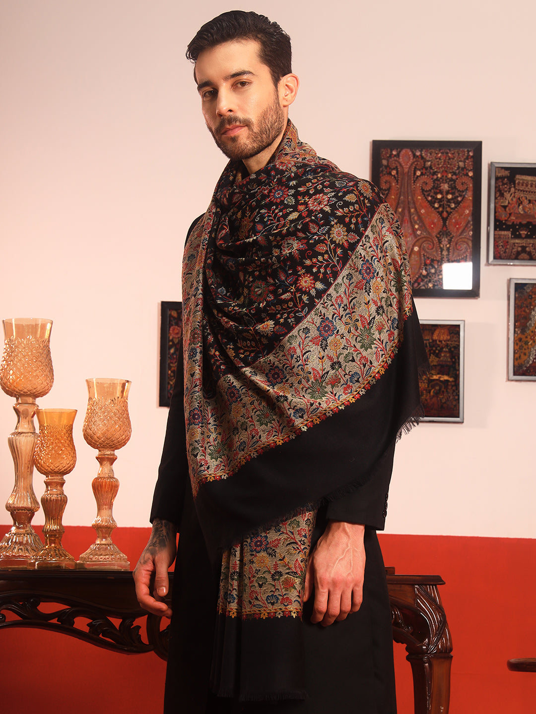 Pashmoda Men Meher Kaani Wool Blend Kashmiri Shawl (Size: 101X203 CM)