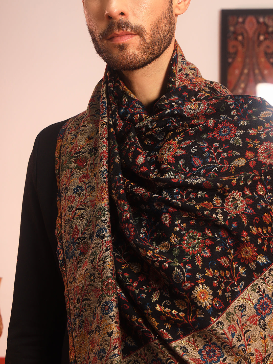 Pashmoda Men Meher Kaani Wool Blend Kashmiri Shawl (Size: 101X203 CM)