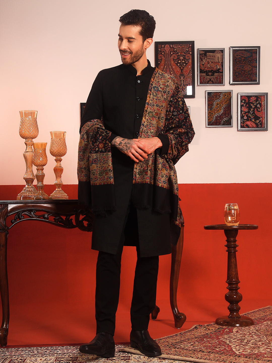 Pashmoda Men Meher Kaani Wool Blend Kashmiri Shawl (Size: 101X203 CM)