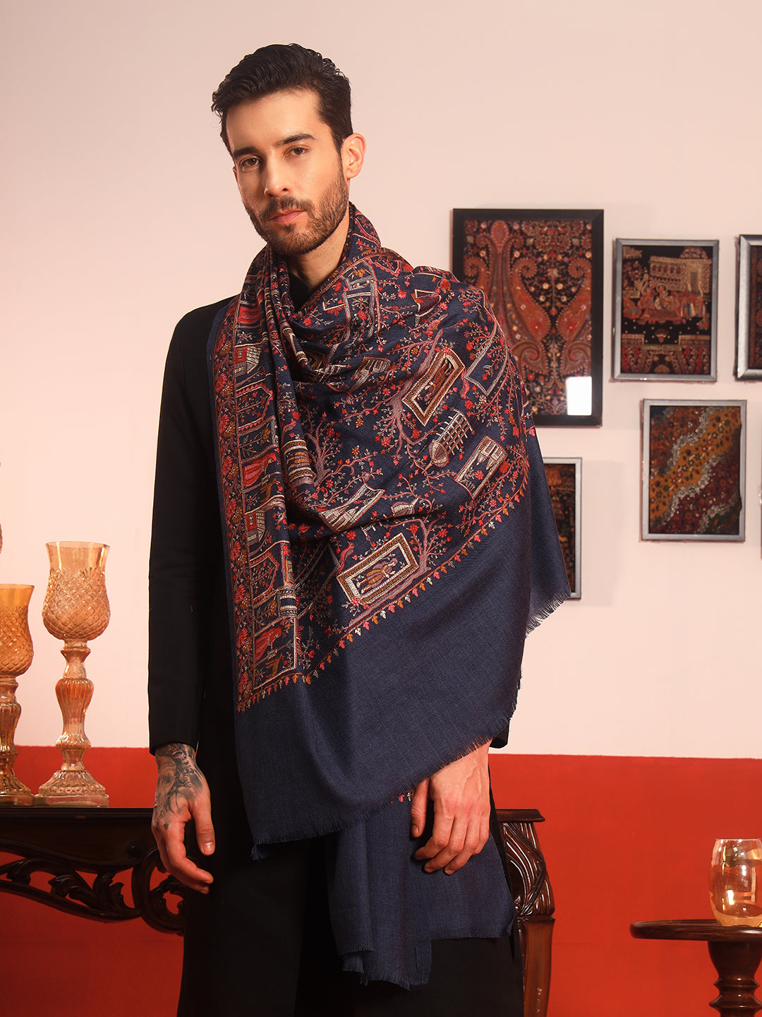 Pashmoda Men Arwina 100% Pure Wool Sozni Hand Embroidered Shawl (Size: 101x203 Cm)