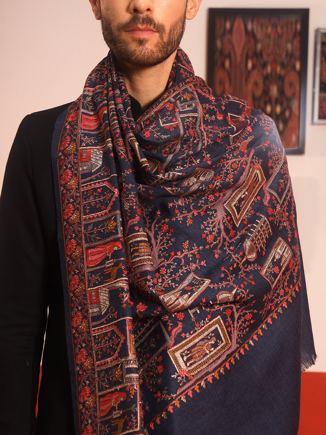 Pashmoda Men Arwina 100% Pure Wool Sozni Hand Embroidered Shawl (Size: 101x203 Cm)