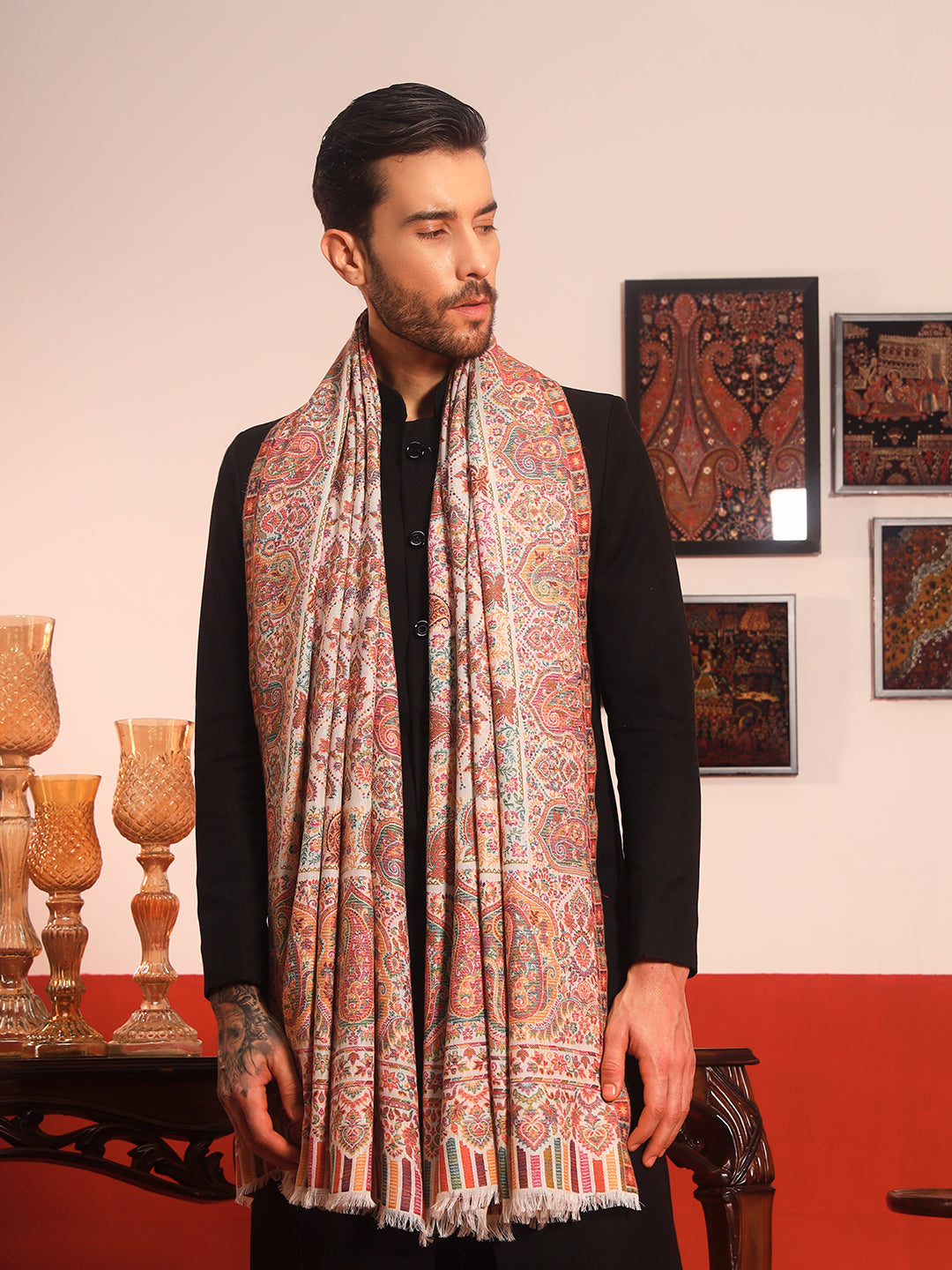 Pashmoda Men Gulraiz Kaani Wool Blend Kashmiri Shawl (Size: 101X203 CM)