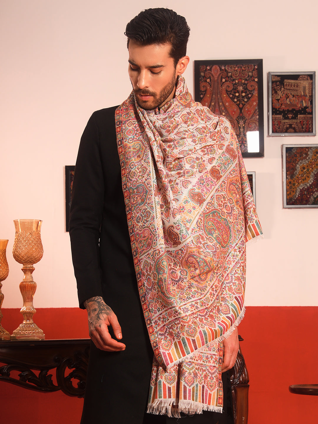 Pashmoda Men Gulraiz Kaani Wool Blend Kashmiri Shawl (Size: 101X203 CM)