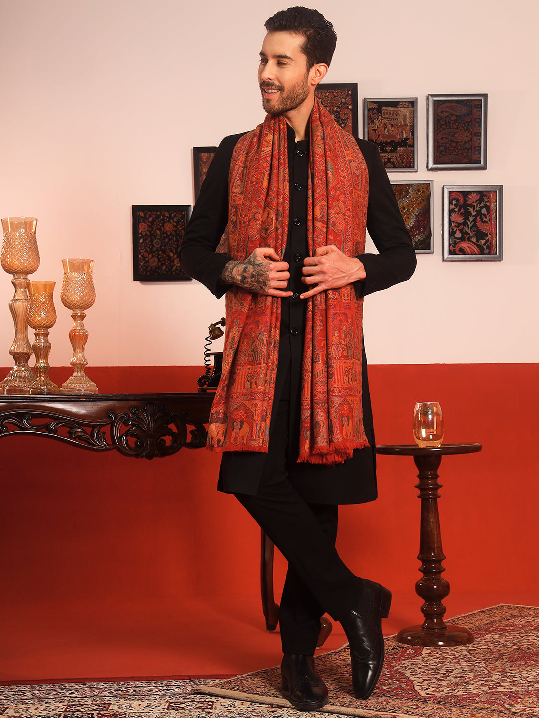 Pashmoda Men Darbari Kaani Wool Blend Kashmiri Shawl (Size: 101X203 CM)