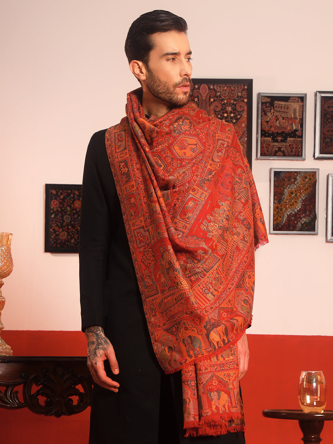 Pashmoda Men Darbari Kaani Wool Blend Kashmiri Shawl (Size: 101X203 CM)