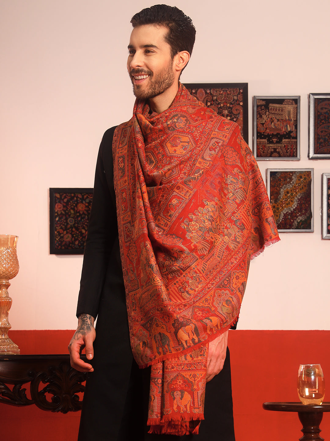 Pashmoda Men Darbari Kaani Wool Blend Kashmiri Shawl (Size: 101X203 CM)