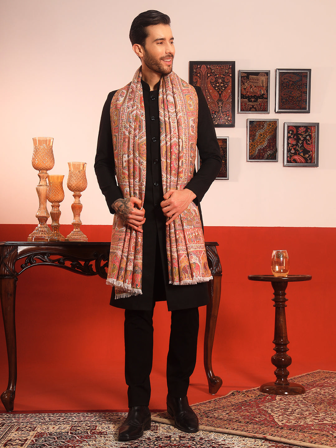 Pashmoda Men Darbari Kaani Wool Blend Kashmiri Shawl (Size: 101X203 CM)