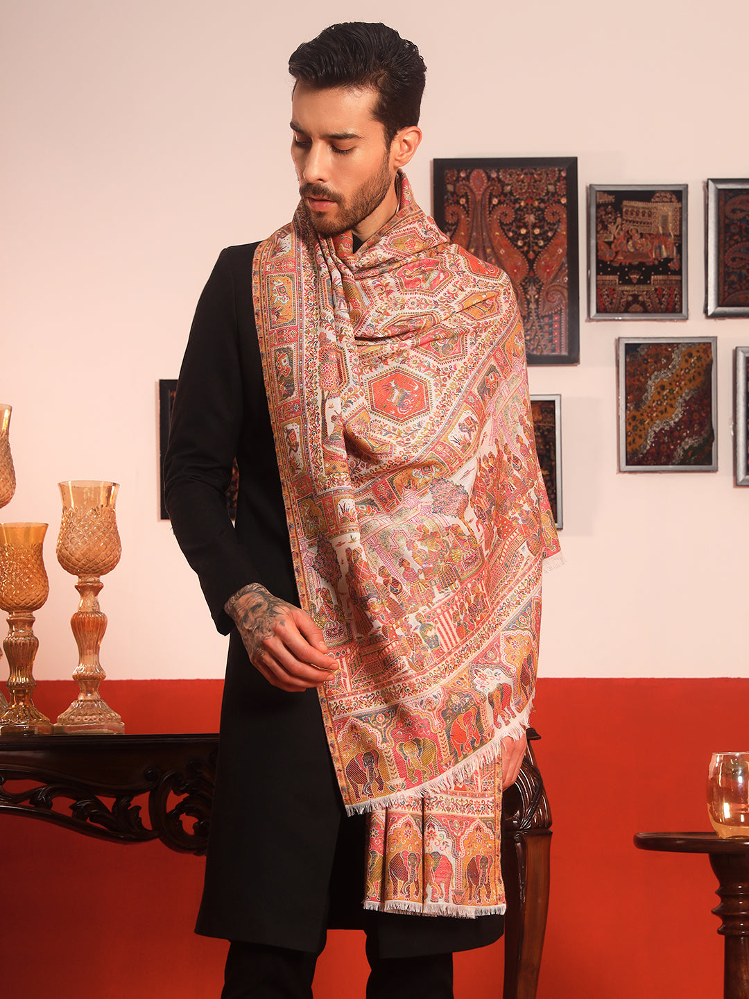 Pashmoda Men Darbari Kaani Wool Blend Kashmiri Shawl (Size: 101X203 CM)