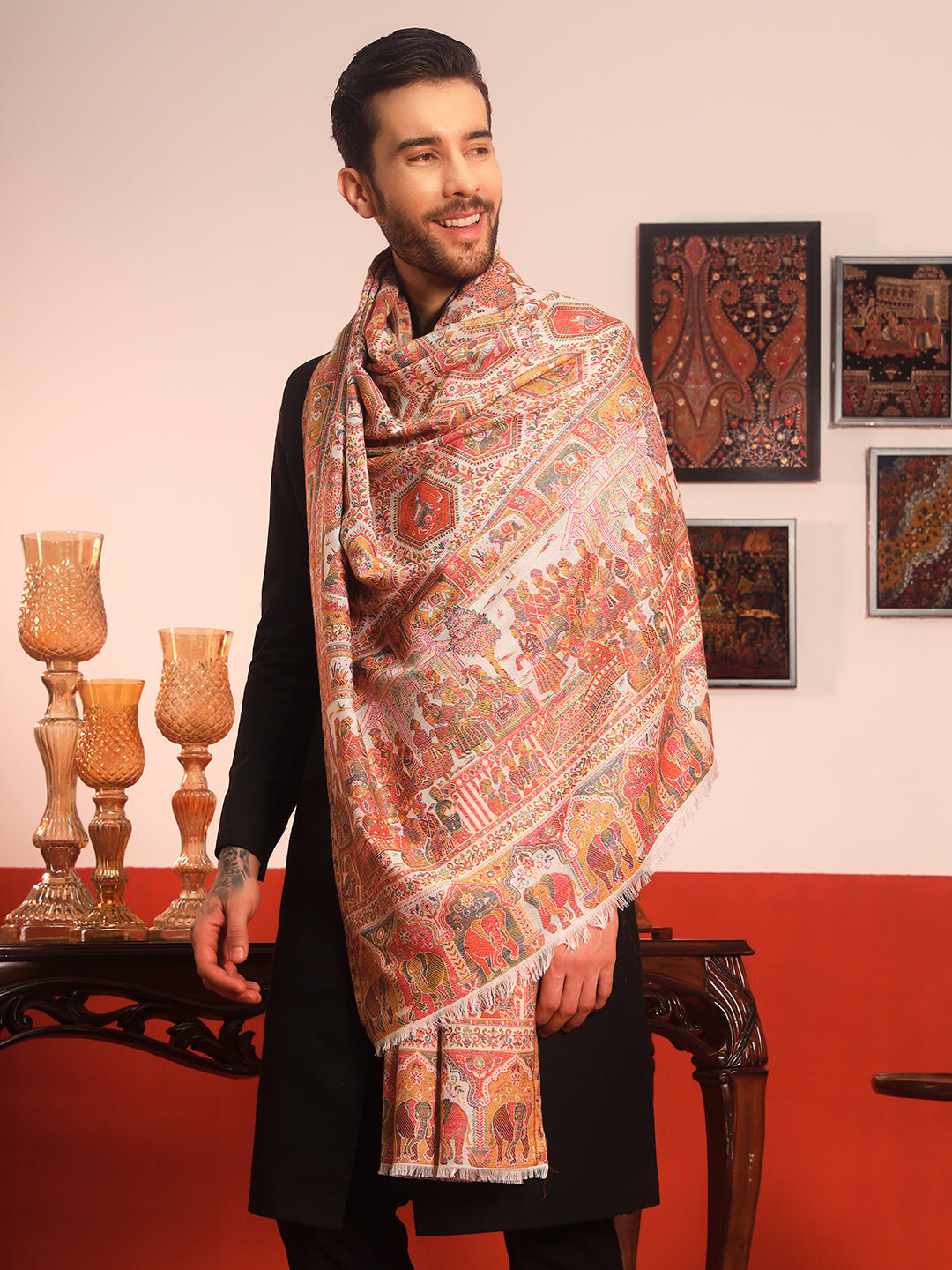 Pashmoda Men Darbari Kaani Wool Blend Kashmiri Shawl (Size: 101X203 CM)