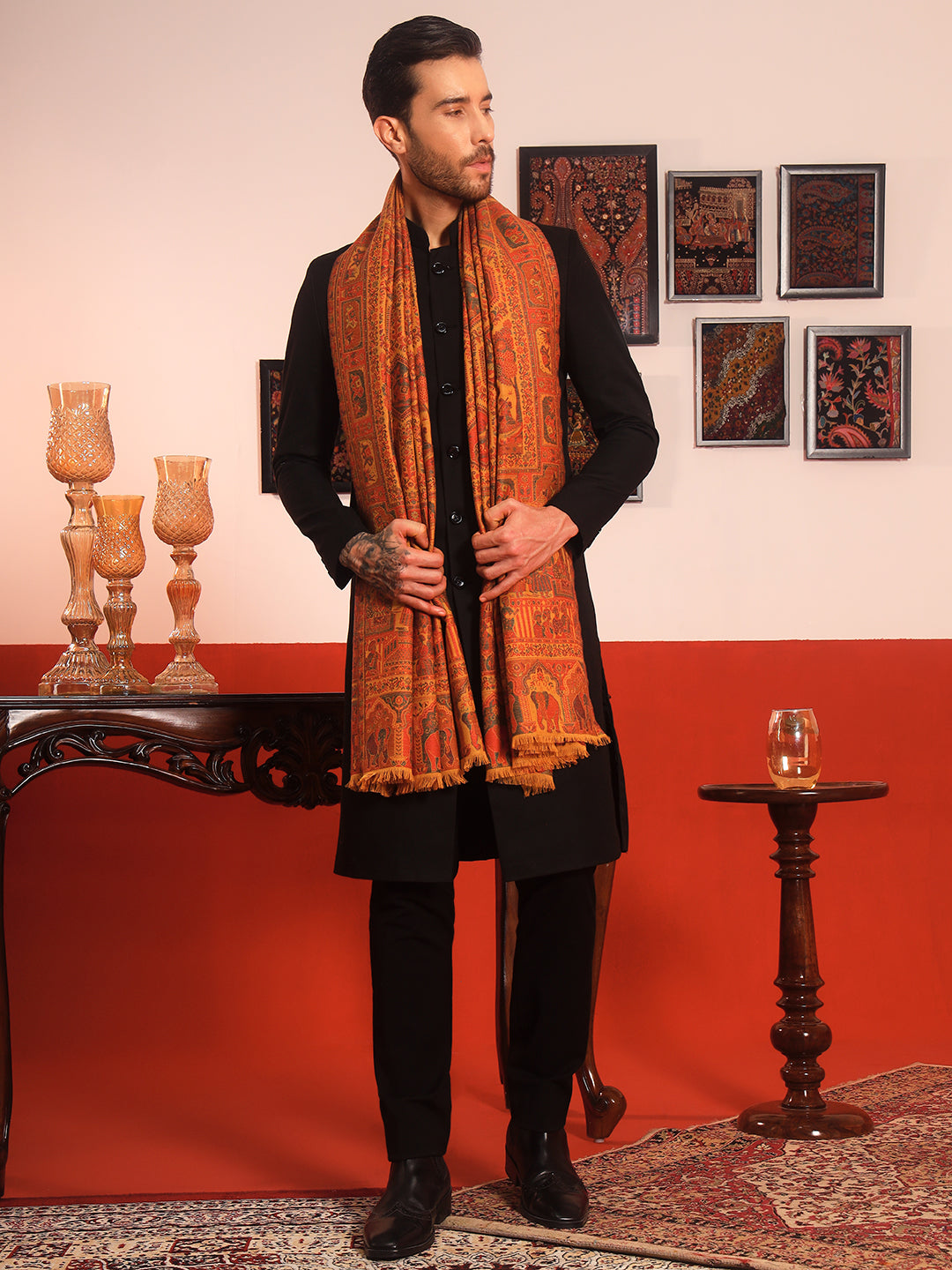 Pashmoda Men Darbari Kaani Wool Blend Kashmiri Shawl (Size: 101X203 CM)