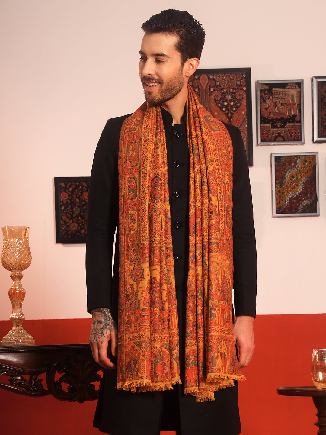 Pashmoda Men Darbari Kaani Wool Blend Kashmiri Shawl (Size: 101X203 CM)