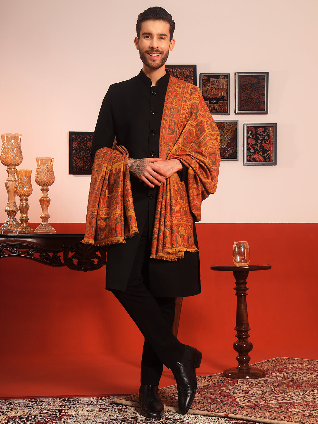 Pashmoda Men Darbari Kaani Wool Blend Kashmiri Shawl (Size: 101X203 CM)