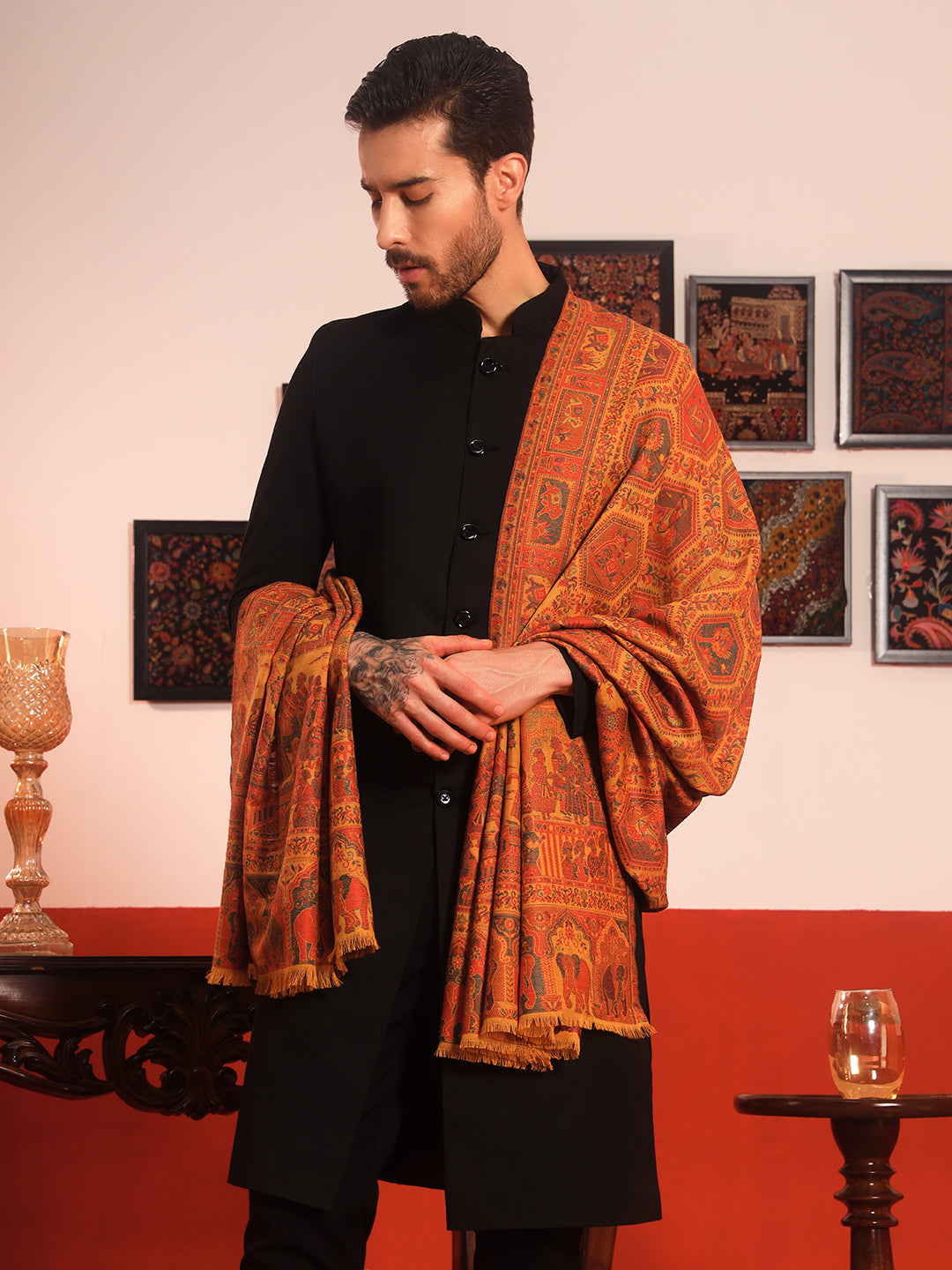 Pashmoda Men Darbari Kaani Wool Blend Kashmiri Shawl (Size: 101X203 CM)