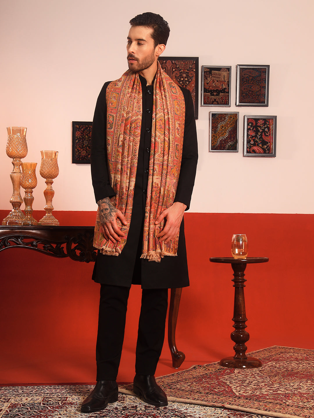 Pashmoda Men Darbari Kaani Wool Blend Kashmiri Shawl (Size: 101X203 CM)