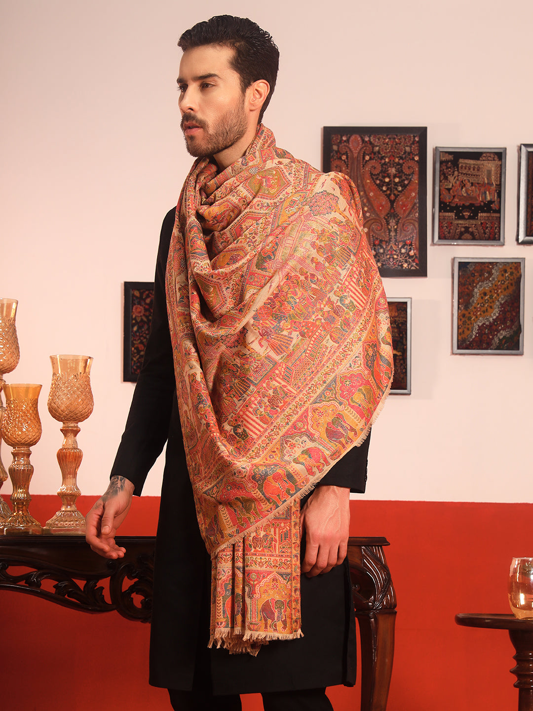 Pashmoda Men Darbari Kaani Wool Blend Kashmiri Shawl (Size: 101X203 CM)