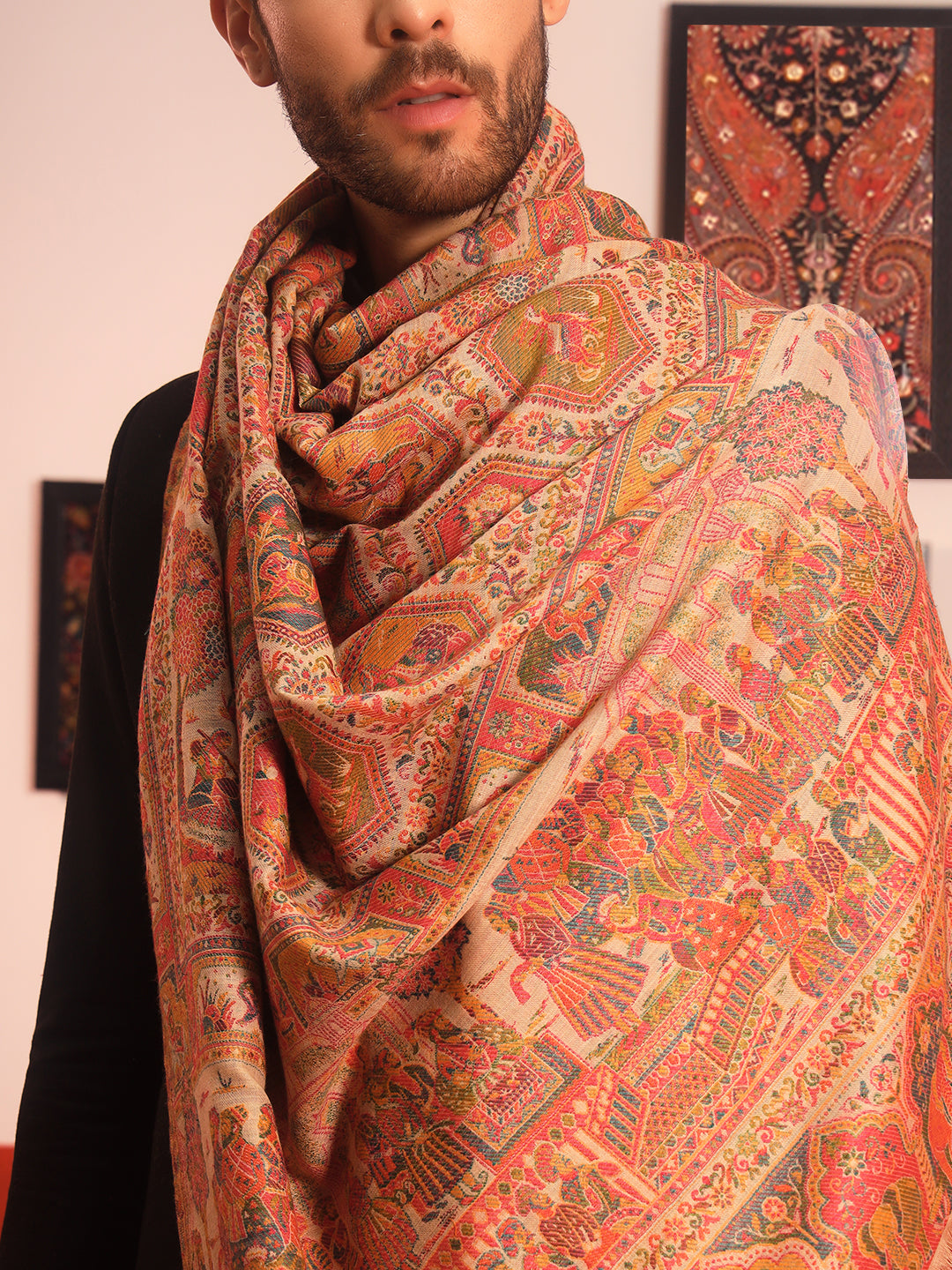 Pashmoda Men Darbari Kaani Wool Blend Kashmiri Shawl (Size: 101X203 CM)