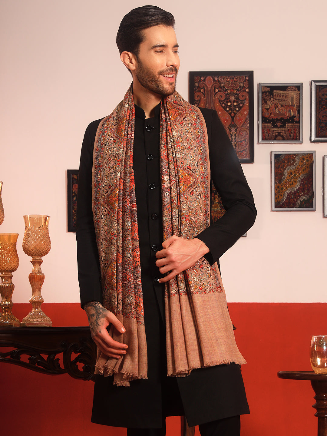 Pashmoda Men Mahnoor 100% Pure Wool Sozni Hand Embroidered Shawl (Size: 101x203 CM)