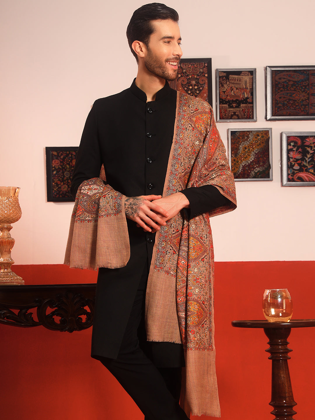 Pashmoda Men Mahnoor 100% Pure Wool Sozni Hand Embroidered Shawl (Size: 101x203 CM)