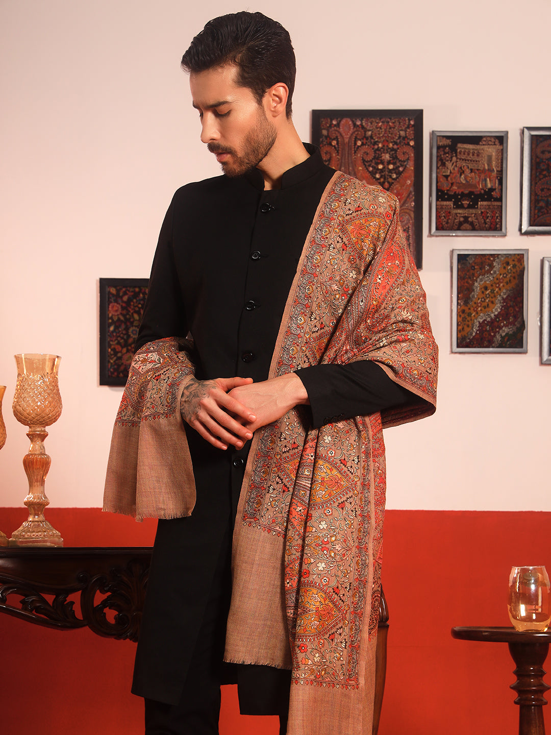 Pashmoda Men Mahnoor 100% Pure Wool Sozni Hand Embroidered Shawl (Size: 101x203 CM)