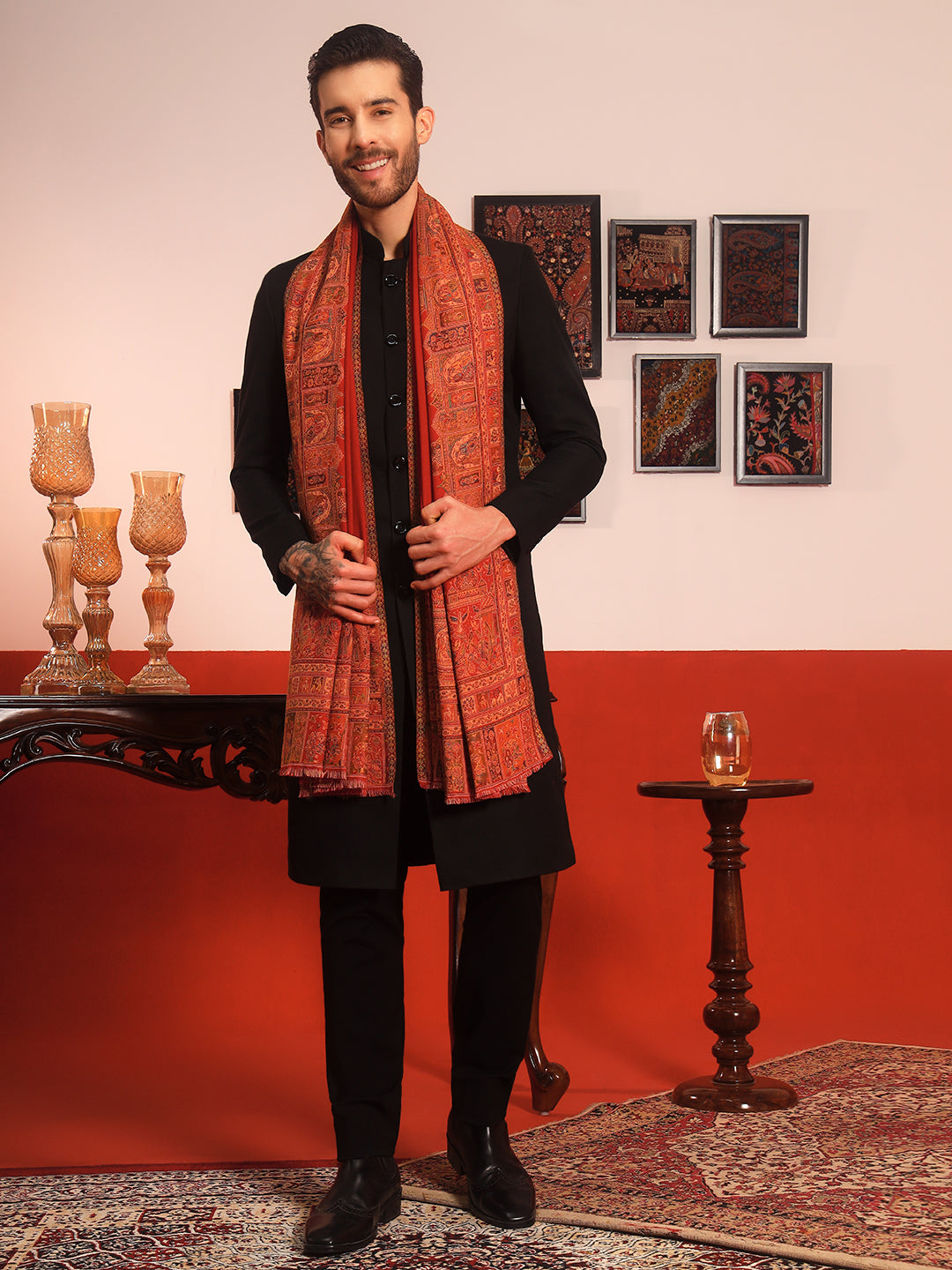 Pashmoda Men Arcadia Borders Kashmiri Jamawar Woven Shawl (Size: 101X203 CM)