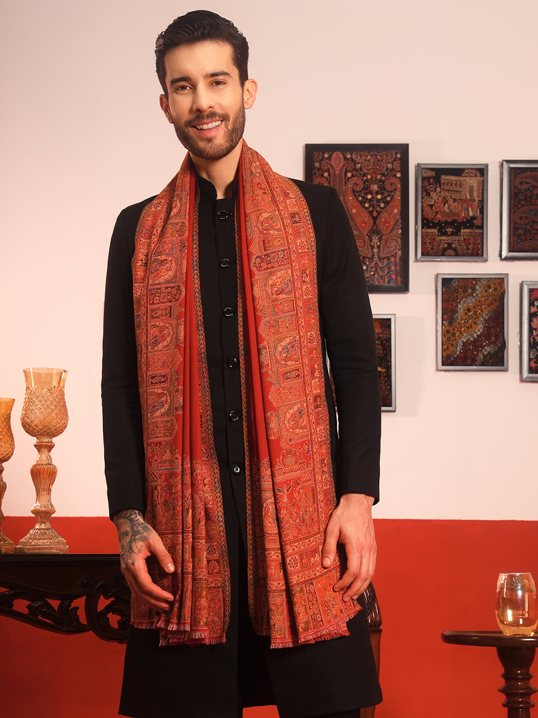 Pashmoda Men Arcadia Borders Kashmiri Jamawar Woven Shawl (Size: 101X203 CM)