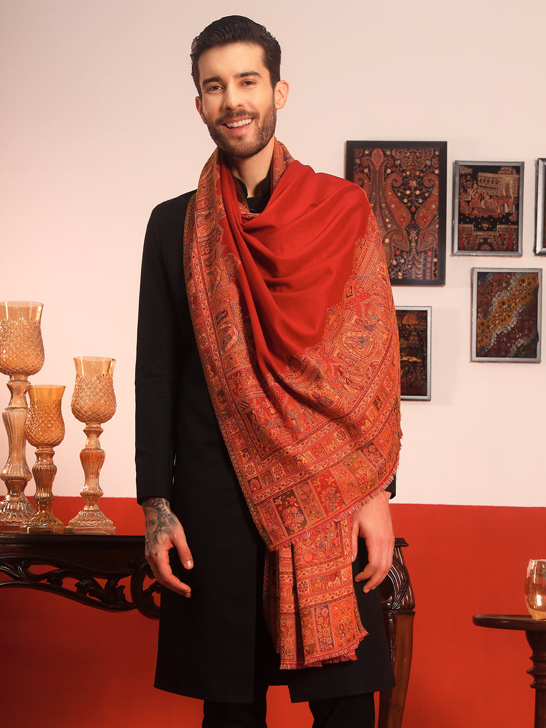 Pashmoda Men Arcadia Borders Kashmiri Jamawar Woven Shawl (Size: 101X203 CM)