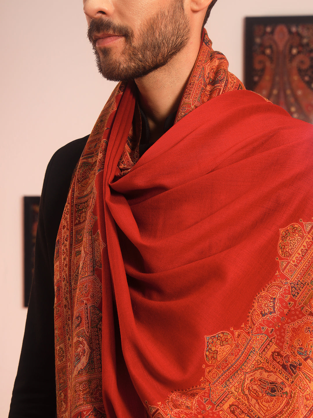 Pashmoda Men Arcadia Borders Kashmiri Jamawar Woven Shawl (Size: 101X203 CM)