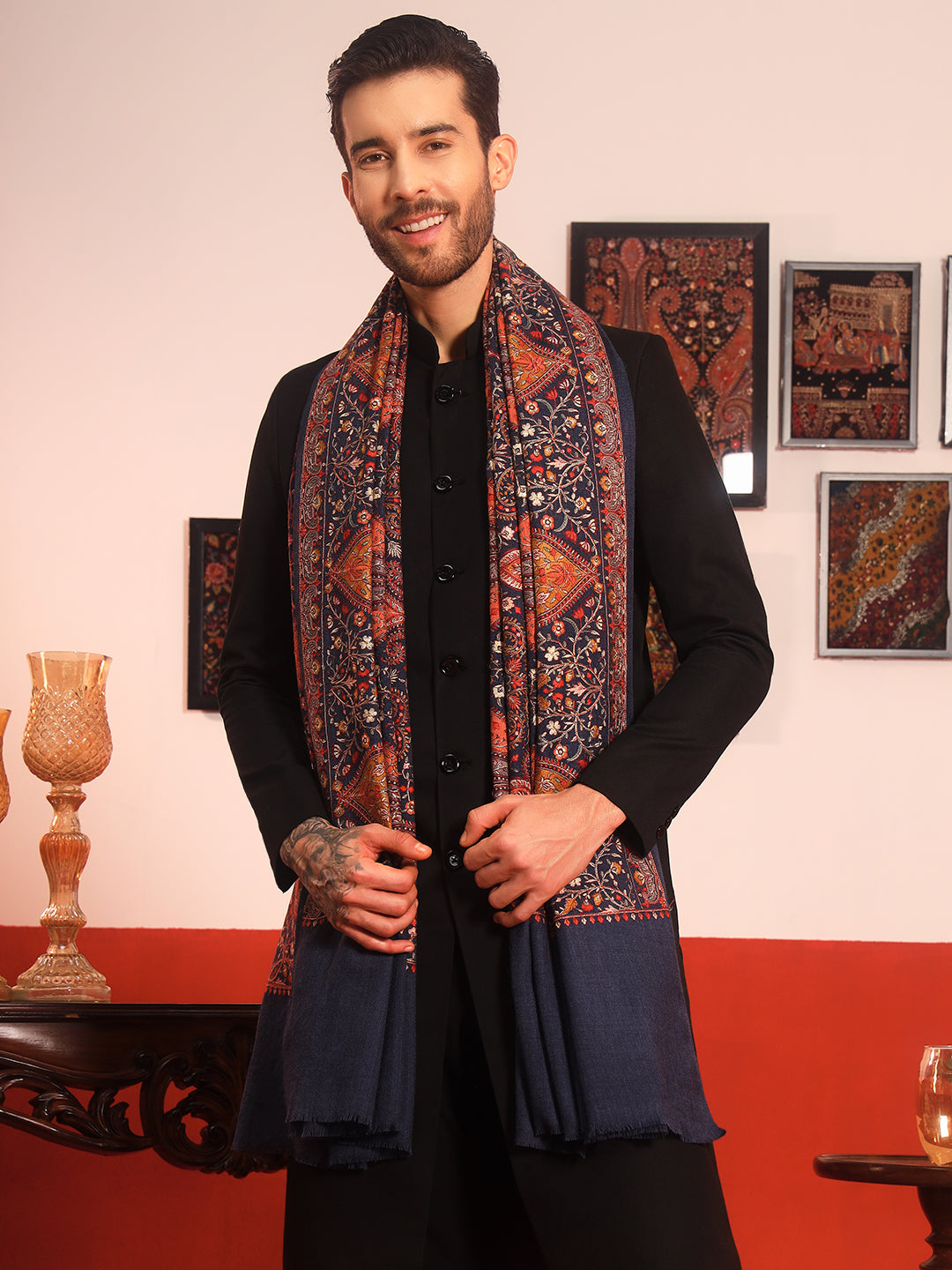 Pashmoda Men Mahnoor 100% Pure Wool Sozni Hand Embroidered Shawl (Size: 101x203 CM)