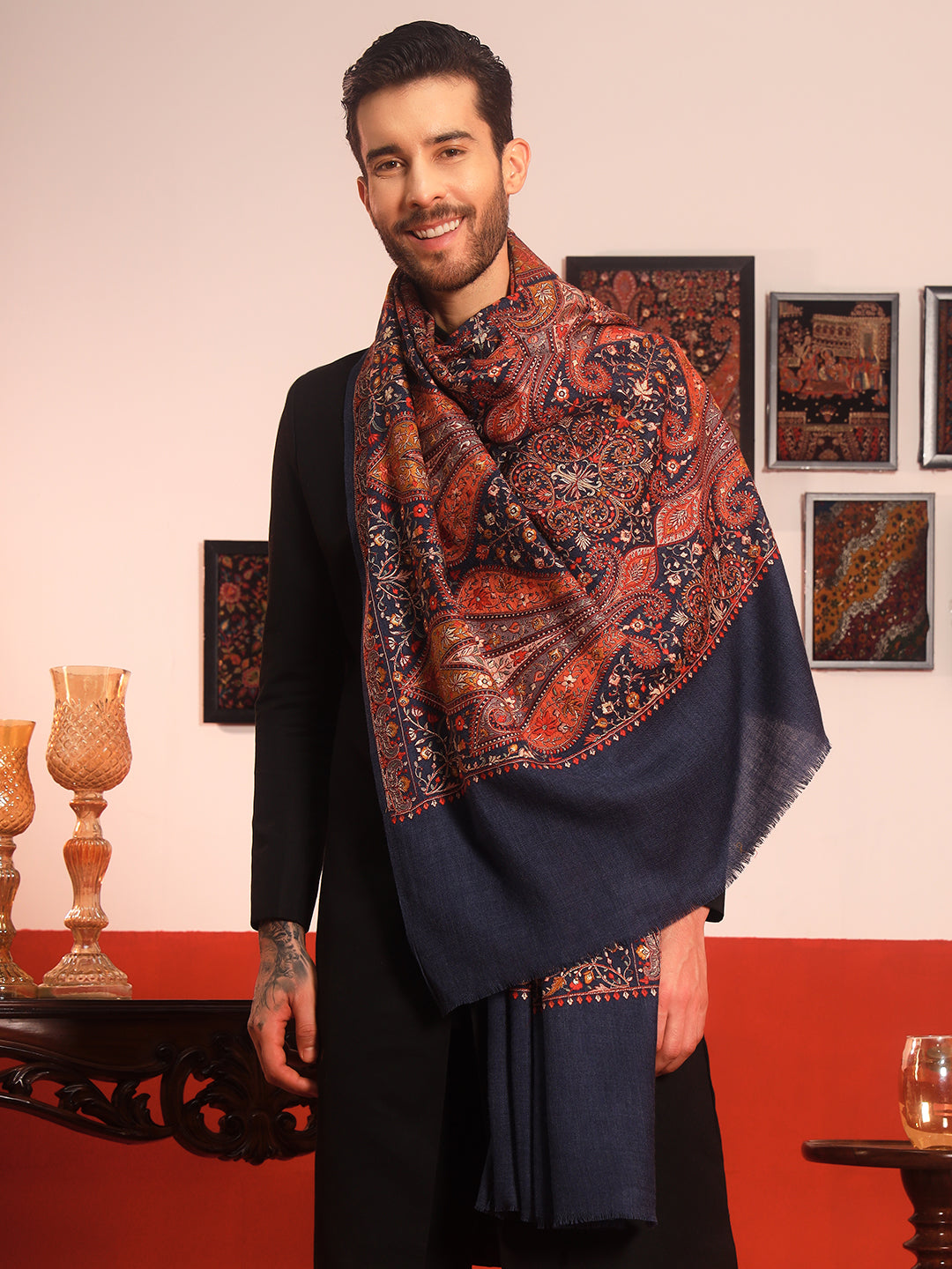Pashmoda Men Mahnoor 100% Pure Wool Sozni Hand Embroidered Shawl (Size: 101x203 CM)